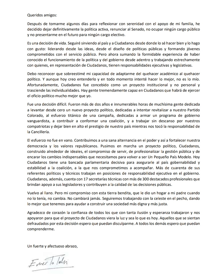Carta de Ernesto Talvi anunciando su alejamiento de la política activa